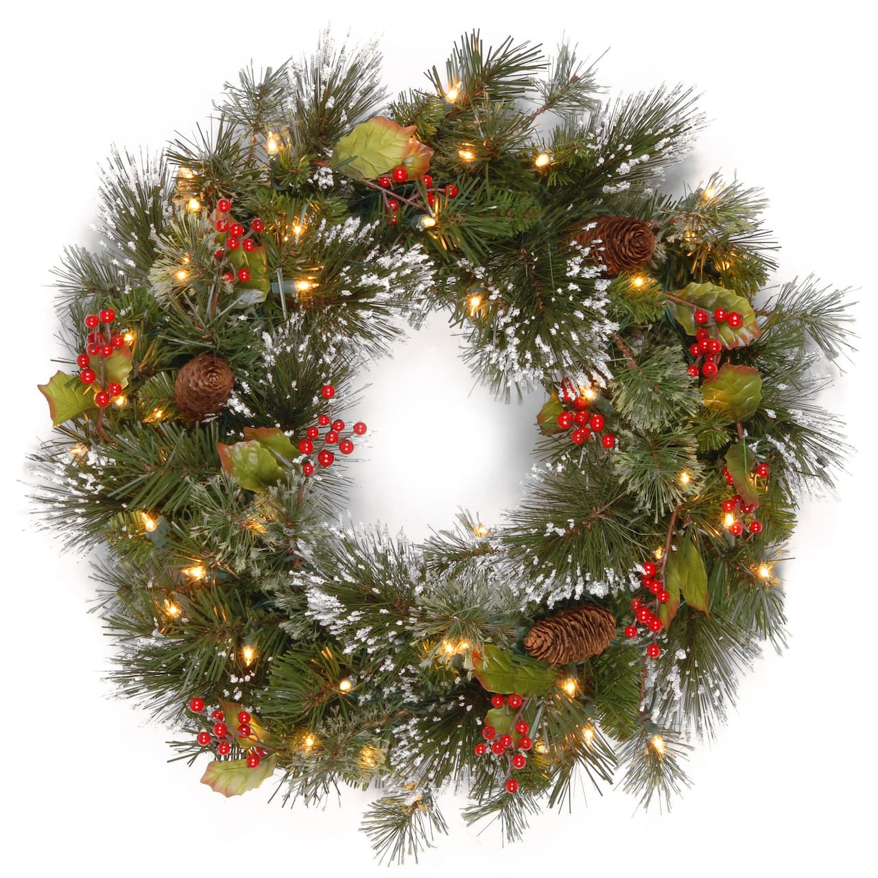 24" Wintry Pine® Wreath with Pine Cones, Red Berries, Snowflakes & Warm White LED Lights